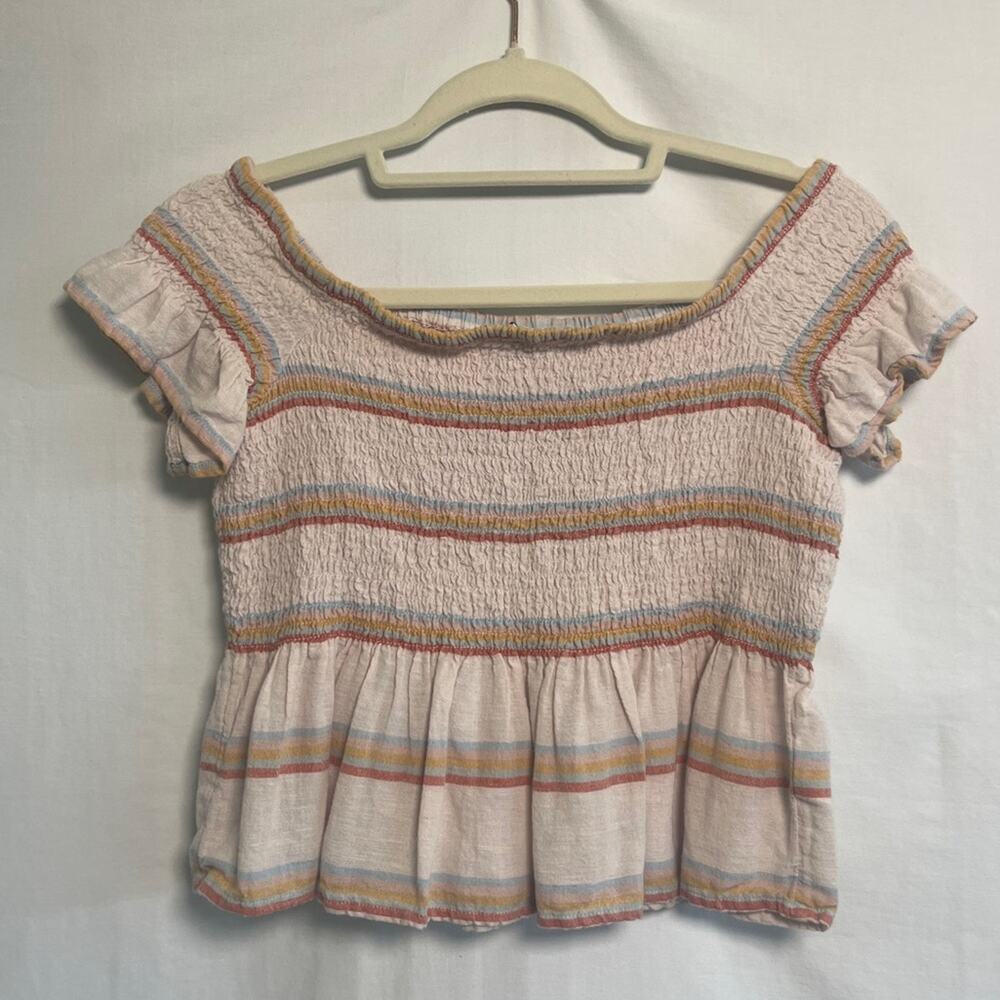American Eagle Cropped Smocked Top Medium Rainbow Peasant Linen Blend Ruffle